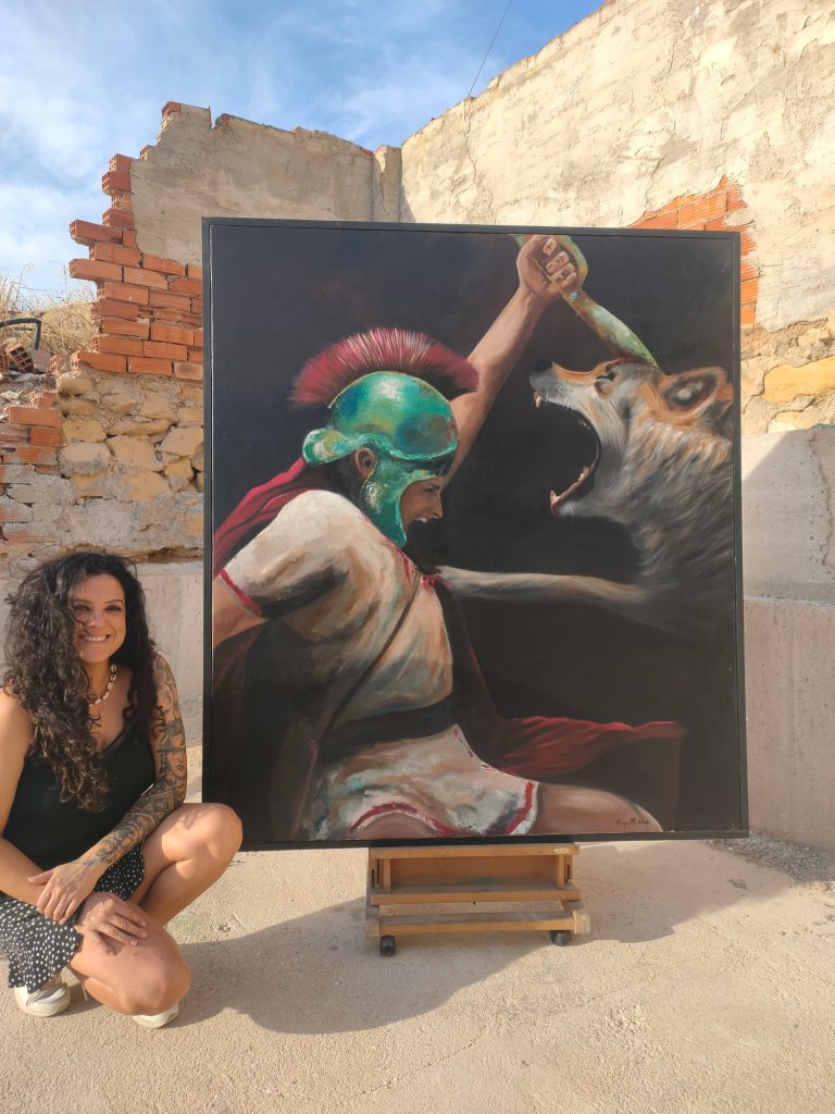 LA PRESA, 2025 guerrero Ibero luchando contra un lobo. En su mano una falcata. Museo, arte, pintura, oleo, cuadro, raquelmartínezvicedo