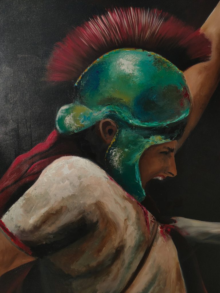 LA PRESA, 2025 guerrero Ibero luchando contra un lobo. En su mano una falcata. Museo, arte, pintura, oleo, cuadro, raquelmartínezvicedo