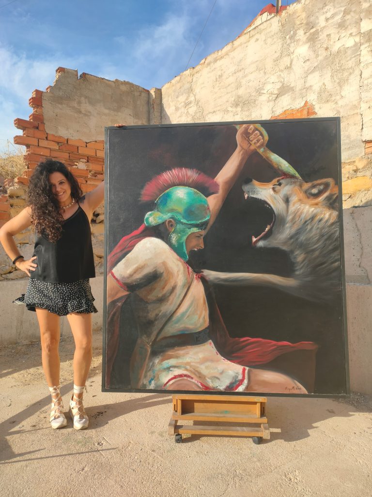 LA PRESA, 2025 guerrero Ibero luchando contra un lobo. En su mano una falcata. Museo, arte, pintura, oleo, cuadro, raquelmartínezvicedo