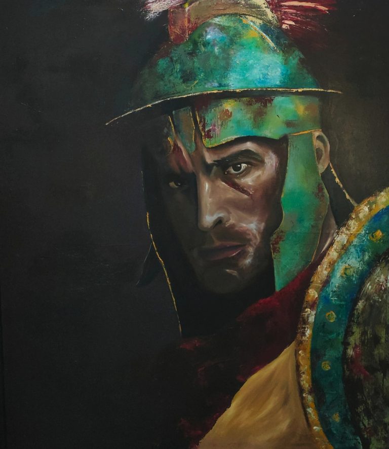 EL MAL JUICIO DEL MERCENARIO, 2024 cuadro, retrato, guerrero, ibero, celtibero, historia, lucha, oleo, pintura, museo, galería, venta online, raquelmartinezvicedo