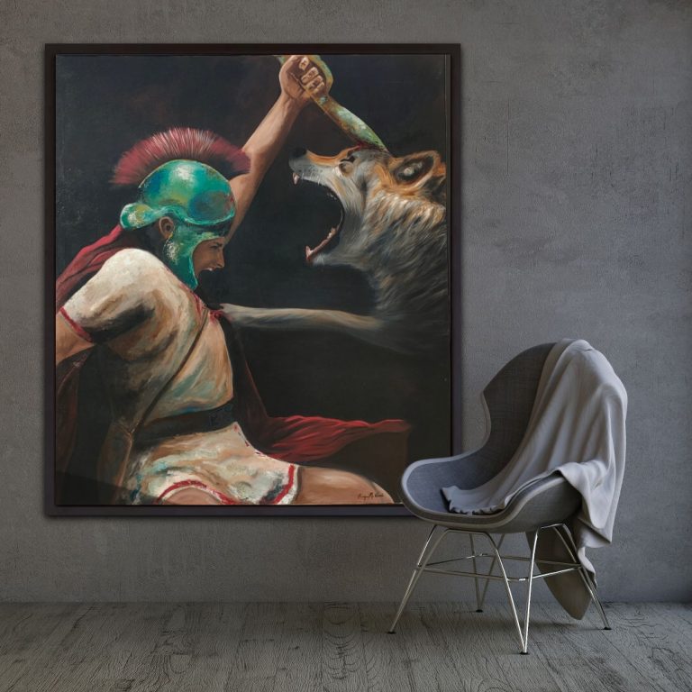 LA PRESA, 2025 guerrero Ibero luchando contra un lobo. En su mano una falcata. Museo, arte, pintura, oleo, cuadro, raquelmartínezvicedo