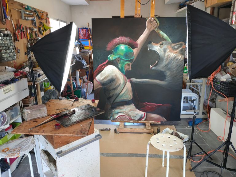 LA PRESA, 2025 guerrero Ibero luchando contra un lobo. En su mano una falcata. Museo, arte, pintura, oleo, cuadro, raquelmartínezvicedo