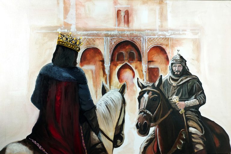 El último Sultán de Al-Andalús, 2025 Pintura óleo, historia de España, guerra, Reino de Granada, Isabel y Fernando, Llaves, Boabdil el chico, museo, Cuadro, historiador