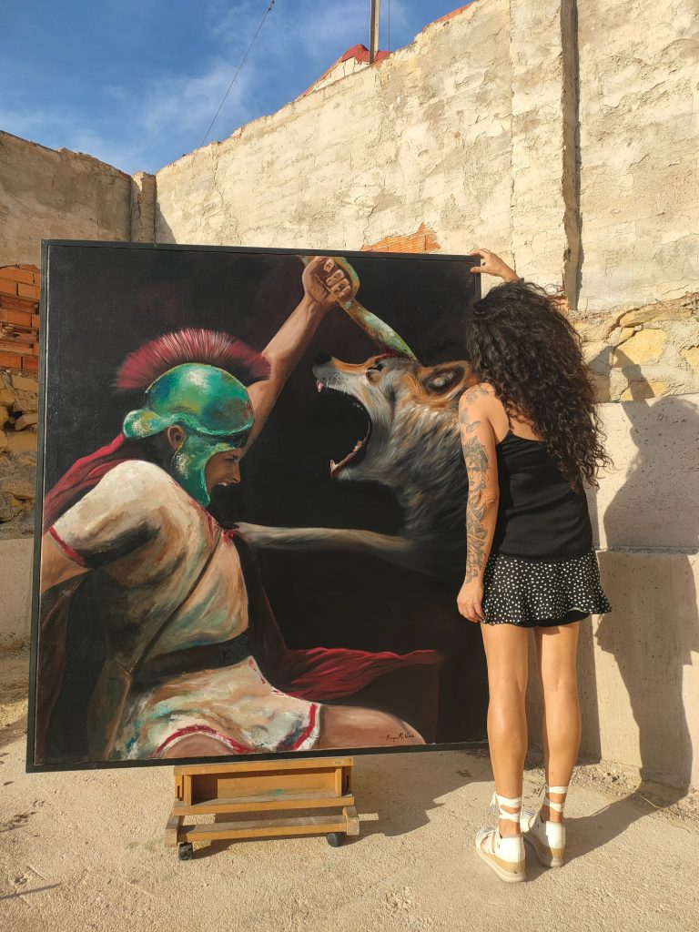 LA PRESA, 2025 guerrero Ibero luchando contra un lobo. En su mano una falcata. Museo, arte, pintura, oleo, cuadro, raquelmartínezvicedo