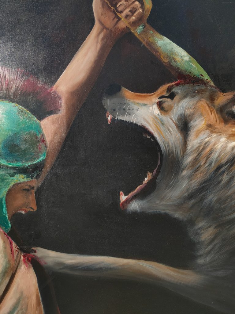 LA PRESA, 2025 guerrero Ibero luchando contra un lobo. En su mano una falcata. Museo, arte, pintura, oleo, cuadro, raquelmartínezvicedo